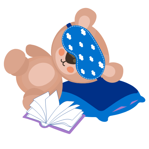 cartoon of a teddy bear laying on a pillow with a sleep mask and open book.