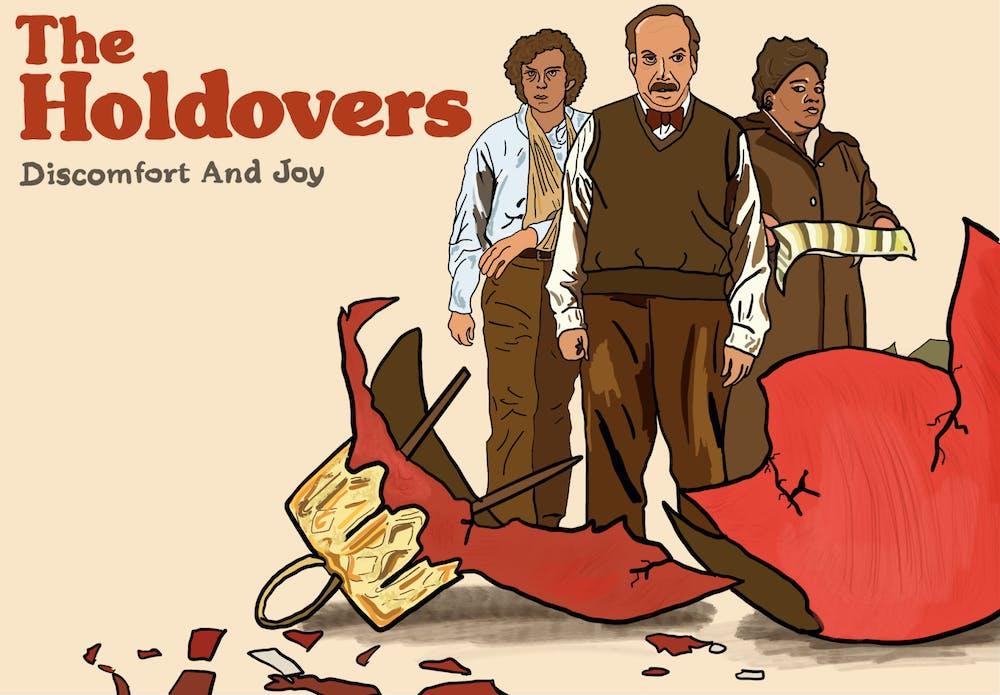 movie poster for the holdovers, with the three leading cast memebers standing in a broken Christmas ornament.