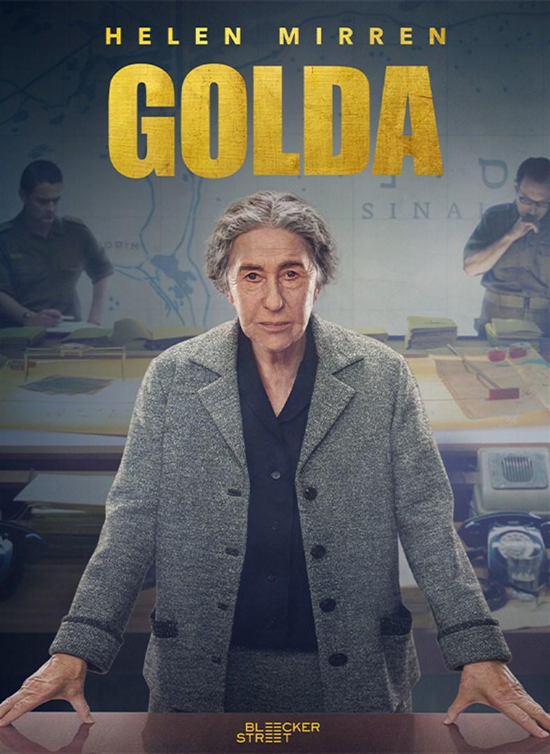 Movie poster for Golda. Helen Mirren as Golda stands with her hands on a desk.