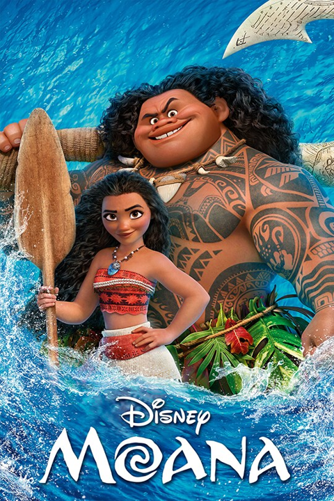 The poster image for the Disney animated film 'Moana,' with blue, wavy water swirling around the characters Moana and Maui, while they stand and smile toward the viewer.