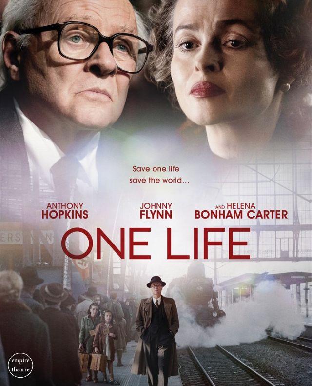 Anthony Hopkins and Helena Bonham Carter pose in the movie poster for "One Life". In the lower half, a man stands in the middle of a train platform. 