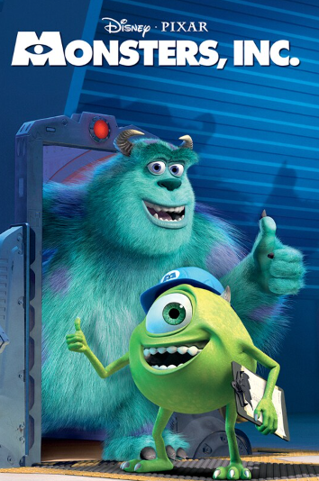 A movie poster for the film 'Monsters Inc.' showing Sully and Mike standing near an open door in the warehouse where they work, each giving a thumbs-up and facing the camera.