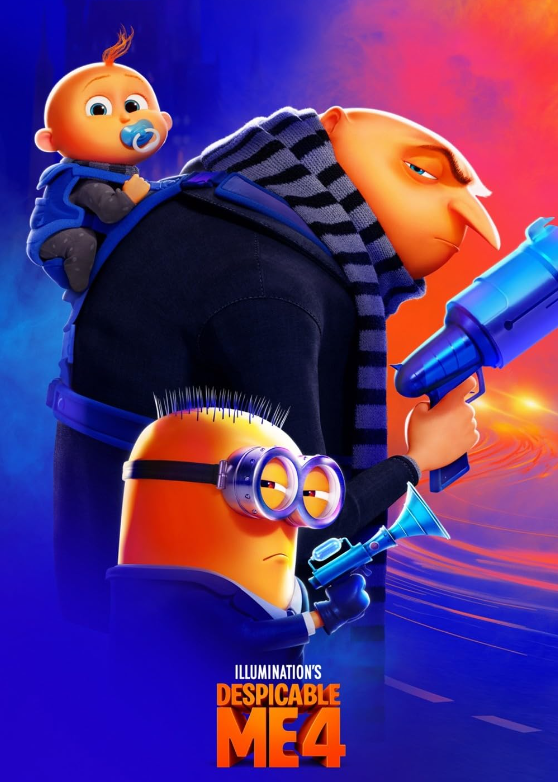 Cover image of 'Despicable Me 4,' showing Gru and a minion looking menacing and facing to the right. A cute baby is up on Gru's shoulder. The background is dark blue and a little tinged in orange and pink. Gru and the minion are each holding items that look like weapons.