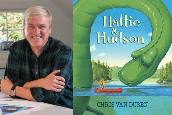 Headshot of Chris Van Dusen next to the cover of his book "Hattie & Hudson."