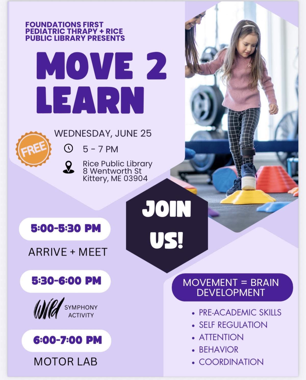 Move 2 Learn poster. A girl balances on a short yellow cone.